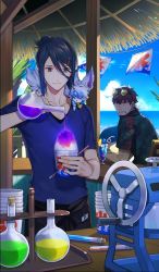 Rule 34 | 2boys, animal, animal on shoulder, bad food, bendy straw, black hair, blue sky, brown hair, clenched teeth, cloud, collar, cork, counter, cup, day, drink, drinking glass, drinking straw, eyewear on head, facial hair, fate/grand order, fate/prototype, fate/prototype: fragments of blue and silver, fate (series), flask, food, fou (fate), fruit, glasses, goatee, grimace, hair ornament, hair over one eye, hairclip, hawaiian shirt, hector (fate), holding, holding drinking straw, kooribata, lemon, lemon slice, light smile, machine, male focus, multiple boys, nakahara (mu tation), ocean, official art, paracelsus (fate), potion, pouring, round-bottom flask, shaved ice, shirt, sitting, sky, standing, sunglasses, sweatdrop, swept bangs, t-shirt, teeth, vial, water