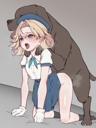 belt beret bestiality black_socks blonde_hair blue_eyes blue_hat blue_neckerchief blue_skirt blush clothed_sex dog doggystyle gloves hat interspecies janus_(kancolle) kantai_collection neckerchief serenanihidoikotoshitai sex sex_from_behind shirt skirt socks steaming_body sweat sweatdrop tongue tongue_out white_gloves white_shirt