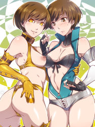 Rule 34 | 2girls, abstract background, arm around waist, ass, bare shoulders, bdsm, bikini, bikini under clothes, black bikini, black gloves, blue leotard, blush, breastless clothes, breasts, brown hair, buckle, cleavage, closed mouth, collar, cowboy shot, dark persona, dual persona, earrings, elbow gloves, em (totsuzen no hakike), fingernails, frown, full-length zipper, gloves, grey shorts, highres, jewelry, leotard, looking at viewer, looking back, medium breasts, multiple girls, navel, nipple bar, nipple piercing, nipples, open clothes, parted lips, persona, persona 4, piercing, satonaka chie, shadow (persona), shadow chie, short shorts, shorts, slave, smile, smiley face, smug, stud earrings, swept bangs, swimsuit, thighs, yellow bikini, yellow eyes, yellow gloves, zipper