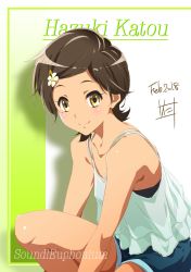 Rule 34 | 1girl, alternate costume, bad id, bad pixiv id, bare arms, bare shoulders, black bra, blush, bra, brown hair, camisole, casual, character name, closed mouth, collarbone, copyright name, dated, denim, denim shorts, flower, hair flower, hair ornament, hairclip, hibike! euphonium, highres, katou hazuki, knee up, looking at viewer, nii manabu, shadow, shorts, signature, smile, solo, spaghetti strap, tareme, two-tone background, underwear, yellow eyes