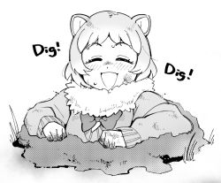 Rule 34 | 1girl, ^ ^, animal ears, black-tailed prairie dog (kemono friends), blush, bow, bowtie, closed eyes, commentary request, dirty, dirty clothes, dirty face, fur collar, greyscale, kemono friends, long sleeves, monochrome, open mouth, short hair, smile, solo, sweatdrop, sweater, yokuko zaza