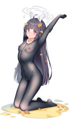 Rule 34 | 1girl, absurdres, animal ears, black bodysuit, black hair, blue archive, bodysuit, breasts, covered navel, fake animal ears, full body, halo, highres, kneeling, leaf, leaf on head, long hair, miyu (blue archive), nipples, open mouth, rabbit ears, red eyes, see-through, small breasts, stretching, very long hair, xiaoxi0619