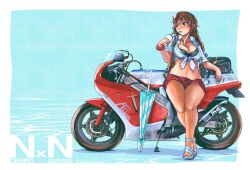 Rule 34 | 1girl, bikini, black bikini, blue background, breasts, cleavage, collared shirt, dress shirt, drink, drinking straw, full body, highres, kantai collection, large breasts, looking to the side, motor vehicle, motorcycle, noshiro (kancolle), official alternate costume, red footwear, red scrunchie, scrunchie, shirt, solo, swimsuit, thrux, tied shirt, toeless footwear, vehicle request, white shirt, wrist scrunchie