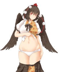Rule 34 | 1girl, bad id, bad pixiv id, black hair, black wings, clothes lift, clothes pull, floral print, hat, hat ribbon, highres, lifting own clothes, looking at viewer, midriff, navel, panties, pom pom (clothes), puffy short sleeves, puffy sleeves, red eyes, ribbon, shameimaru aya, shirt lift, short hair, short sleeves, skirt, skirt pull, solo, tokin hat, touhou, underwear, white panties, wings, x&amp;x&amp;x