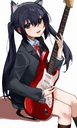 Rule 34 | 1girl, absurdres, animal ears, black hair, black jacket, brown eyes, brown socks, cat ears, collared shirt, electric guitar, from side, guitar, highres, holding, holding instrument, holding plectrum, instrument, jacket, k-on!, kemonomimi mode, looking at viewer, looking to the side, nakano azusa, neck ribbon, plectrum, red ribbon, ribbon, shirt, simple background, sitting, smile, socks, solo, twintails, vergil mon, white background, white shirt, wing collar