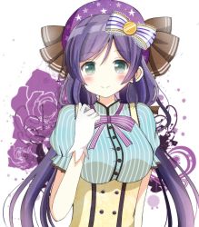 Rule 34 | 10s, 1girl, alternate costume, bow, candy wrapper, flower, green eyes, hair bow, hair ornament, hat, highres, long hair, looking at viewer, love live!, love live! school idol festival, love live! school idol project, md5 mismatch, purple hair, ribbon, rose, ryoutan, smile, solo, star (symbol), tojo nozomi, twintails