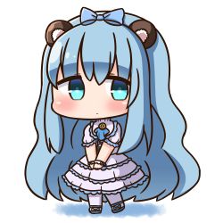 Rule 34 | 1girl, animal ears, bad id, bad pixiv id, bear ears, blue bow, blue eyes, blue footwear, blue hair, blush, bow, character request, chibi, closed mouth, commentary request, full body, hair between eyes, hair bow, hana kazari, kirara fantasia, long hair, looking at viewer, own hands together, pantyhose, puffy short sleeves, puffy sleeves, short sleeves, solo, standing, v arms, very long hair, white background, white footwear, white pantyhose