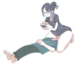 Rule 34 | 1boy, 1girl, :|, aqua shirt, bare legs, barefoot, blue hair, breasts, cellphone, closed mouth, feet, full body, girl on top, glasses, green pants, grey shirt, hair bun, holding, holding phone, interlocked fingers, kneeling, looking at phone, lying, on back, original, own hands together, panties, pants, panty peek, phone, shirt, short hair, sidelocks, sido (slipknot), simple background, sitting, sitting on face, sitting on person, sketch, small breasts, smartphone, soles, swept bangs, t-shirt, thick thighs, thighs, underwear, white background