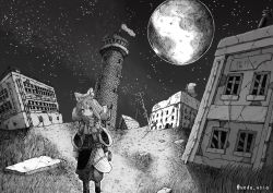 Rule 34 | 1girl, absurdres, animal ears, backpack, bag, cat ears, goggles, goggles on head, greyscale, highres, long hair, looking at viewer, monochrome, moon, night, original, outdoors, power lines, revision, scenery, sky, sleeping bag, solo, star (sky), starry sky, usio ueda, walking