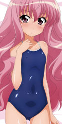 Rule 34 | 1girl, competition school swimsuit, highres, long hair, louise francoise le blanc de la valliere, lying, one-piece swimsuit, pink eyes, pink hair, school swimsuit, solo, sugimura tomokazu, swimsuit, zero no tsukaima