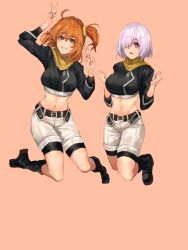 Rule 34 | 2girls, ahoge, belt, bike shorts, bike shorts under shorts, black footwear, black shirt, blush, bodysuit, bodysuit under clothes, boots, breasts, brown belt, brown scarf, commentary, cosplay, crop top, double v, fate/grand order, fate (series), fujimaru ritsuka (female), fujimaru ritsuka (female) (cosplay), fujimaru ritsuka (female) (true ether chaldea uniform), full body, grin, groin, hair between eyes, hair ornament, hair over one eye, hair scrunchie, hands up, highres, jumping, knee boots, large breasts, light purple hair, looking at viewer, mash kyrielight, midriff, mochigana, multiple girls, navel, official alternate costume, open mouth, orange background, orange eyes, orange hair, purple eyes, scarf, scrunchie, shirt, short hair, shorts, side ponytail, sidelocks, simple background, smile, true ether chaldea uniform, v, white shorts, yellow scrunchie