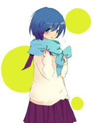 Rule 34 | 1girl, blue hair, blue scarf, blush, gender request, genderswap, hashimochi, kaiko, kaito (vocaloid), scarf, short hair, skirt, solo, sweater, vocaloid