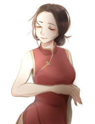 Rule 34 | 1girl, breasts, brown hair, china dress, chinese clothes, devotion, dress, closed eyes, facing viewer, gong lifang, hair up, hairband, highres, page white, red dress, sleeveless, sleeveless dress, small breasts, smile, solo, upper body, white hairband