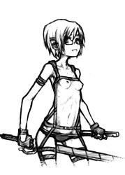 Rule 34 | 1girl, breasts, glasses, monochrome, panties, rico brzenska, shingeki no kyojin, short hair, simple background, small breasts, solo, topless, underwear, wabaki, weapon, white background