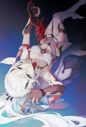 Rule 34 | 1girl, absurdres, blue eyes, boots, breasts, cleavage, closed mouth, different reflection, gauntlets, hair ornament, highres, holding, holding sword, holding weapon, honkai (series), honkai impact 3rd, kiana kaslana, kiana kaslana (herrscher of flamescion), kiana kaslana (herrscher of the void), long hair, looking at viewer, looking back, lying, on back, ponytail, qing shi mang xue (user faem7575), reflection, smile, sword, thigh boots, thighhighs, water, weapon, white hair, white thighhighs, yellow eyes