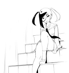 Rule 34 | 1girl, asymmetrical hair, bare legs, chinese clothes, greyscale, kichijoji hanako, kung fu love, lineart, monochrome, multicolored hair, sho-n-d, sitting, sitting on stairs, socks, solo, stairs, twintails, two-tone hair, yin yang