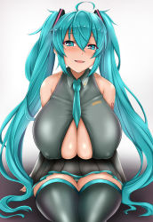 Rule 34 | 1girl, ahoge, aqua eyes, aqua hair, bare shoulders, between breasts, black shirt, black skirt, black thighhighs, breasts, cleavage, cleavage cutout, clothing cutout, covered erect nipples, detached sleeves, gradient background, grey background, hair between eyes, hatsune miku, heart, heart-shaped pupils, highres, huge breasts, long hair, looking at viewer, necktie, necktie between breasts, panties, pantyshot, parted lips, pleated skirt, sayo ayato, shirt, sitting, skirt, smile, solo, striped clothes, striped panties, symbol-shaped pupils, thighhighs, twintails, underwear, very long hair, vocaloid