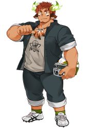 Rule 34 | 1boy, american football, american football helmet, animal ears, bara, brown eyes, brown hair, closed mouth, cow boy, cow ears, cow horns, dark-skinned male, dark skin, facepaint, facial hair, feather necklace, fiery horns, forked eyebrows, full body, gakuran, goatee, helmet, horns, jewelry, kuro nezumi inu, large pectorals, male focus, muscular, muscular male, native american, necklace, official alternate costume, official art, pectorals, pointing, pointing at self, school uniform, shoes, short hair, sneakers, socks, solo, standing, tachi-e, thick eyebrows, thighs, tokyo houkago summoners, transparent background, wakan tanka