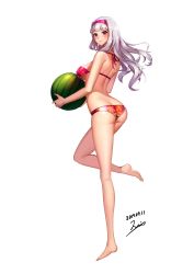 Rule 34 | 1girl, absurdres, ass, bare arms, bare back, bare legs, bare shoulders, barefoot, bikini, blunt bangs, blush, breasts, butt crack, closed mouth, covered erect nipples, dated, floral print, food, from behind, fruit, full body, hairband, highres, holding, holding food, holding fruit, idolmaster, idolmaster (classic), jai (whany1998), leg up, legs, lips, long hair, looking back, medium breasts, pink bikini, pink eyes, pink hairband, shijou takane, sideboob, signature, simple background, solo, swimsuit, watermelon, white background