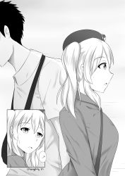 Rule 34 | 10s, 1boy, 1girl, ?, alternate costume, arm sling, bag, beret, casual, comic, gradient background, greyscale, handbag, hat, highres, kantai collection, kashima (kancolle), monochrome, open mouth, robba-san (wangphing), shirt, sweat, t-shirt, twintails, twitter username, wangphing, white background