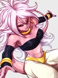Rule 34 | 1girl, android 21, bandeau, bare shoulders, black nails, black sclera, black tube top, bracelet, breasts, cleavage, closed mouth, collarbone, colored sclera, colored skin, commentary request, curly hair, detached sleeves, dragon ball, dragon ball fighterz, earrings, flat color, grey background, hands up, harem pants, hoop earrings, jewelry, kemachiku, long hair, looking at viewer, majin android 21, medium breasts, nail polish, navel, neck ring, pants, pink skin, red eyes, ring, smile, solo, strapless, tail, tube top, tube top, very long hair, white hair, white pants