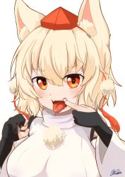 Rule 34 | 1girl, absurdres, animal ears, bare shoulders, black gloves, fangs, gloves, highres, inubashiri momiji, looking at viewer, otomen maru-no-uchi, partially fingerless gloves, red eyes, shirt, short hair, signature, simple background, sleeveless, sleeveless shirt, solo, tongue, tongue out, touhou, upper body, white background, white hair, white shirt, white sleeves, wolf ears, wolf girl