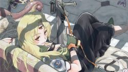 Rule 34 | 1girl, black skirt, blonde hair, breasts, brown eyes, closed mouth, couch, crossed legs, extra eyes, eyebrows, eyelashes, fingerless gloves, fingernails, gloves, green footwear, green gloves, gun, hair intakes, hanabusa (xztr3448), holding, holding gun, holding weapon, lips, long hair, long skirt, looking back, medium breasts, nail polish, opera vectra, pink lips, pink nails, shadow, shoes, short sleeves, signature, sitting, skirt, smile, solo, star ocean, star ocean the second story, third eye, trigger discipline, wavy hair, weapon