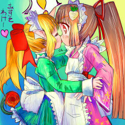Rule 34 | !, 2girls, apron, aqua dress, back bow, blonde hair, bow, bright pupils, closed eyes, cross-shaped pupils, dress, flame-tipped tail, french kiss, frilled apron, frills, from side, futaba channel, gradient background, hair bow, hair ribbon, highres, horns, horse tail, japanese clothes, juliet sleeves, kimono, kirin (nijiura maids), kiss, long sleeves, looking at another, maid, maid apron, maid headdress, multiple girls, nijiura maids, pink kimono, pointy ears, ponytail, puffy sleeves, red bow, red eyes, red ribbon, red sash, ribbon, sash, single horn, skin-covered horns, sleeve cuffs, standing, symbol-shaped pupils, tail, tensai (nijiura maids), tongue, tongue out, tsukiyono aroe, turnip, wa maid, white apron, white bow, white pupils, yuri
