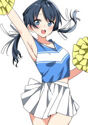 Rule 34 | 1girl, arm up, armpits, blue eyes, blue hair, blue shirt, breasts, cheerleader, collarbone, commentary request, djpwjd1, highres, holding, holding pom poms, link! like! love live!, long hair, looking at viewer, love live!, medium breasts, murano sayaka, open mouth, pleated skirt, pom pom (cheerleading), pom poms, shirt, sidelocks, skirt, sleeveless, sleeveless shirt, solo, standing, teeth, twintails, upper body, upper teeth only, virtual youtuber, white background, white skirt
