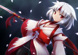 Rule 34 | detached sleeves, japanese clothes, negija, pantyhose, red eyes, short hair, solo, weapon, white hair