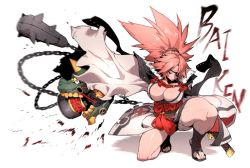 Rule 34 | 1girl, amputee, baiken, bandages, breasts, cannon, chain, character name, cleavage, club, club (weapon), eyepatch, facial mark, guilty gear, guilty gear strive, huge breasts, japanese clothes, kanabou, katana, kimono, kneeling, large breasts, long hair, on one knee, pink hair, pinkboy, ponytail, red eyes, rope, rope belt, sandals, sash, scar, scar across eye, scar on face, sheath, sheathed, simple background, solo, sword, thick thighs, thighs, tiptoes, toes, weapon, white background, wind, wind lift