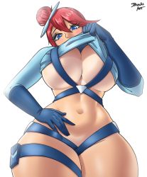 Rule 34 | 1girl, artist name, blue eyes, blush, bottomless, breasts, cleavage, clothes lift, cowboy shot, creatures (company), cropped jacket, curvy, dracksart, from below, game freak, gloves, highres, huge breasts, looking at viewer, navel, nintendo, no bra, pokemon, pokemon bw, red hair, signature, simple background, skyla (pokemon), solo, suspenders, tan, tanline, thick thighs, thigh strap, thighs, underboob, upshirt, white background, wide hips