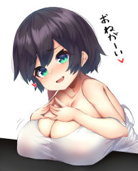 Rule 34 | 1girl, :d, bare shoulders, black hair, blush, breast rest, breasts, breasts on table, cleavage, collarbone, fang, green eyes, heart, huge breasts, looking at viewer, open mouth, oppai loli, original, shirt, short hair, simple background, smile, solo, spoken heart, steepled fingers, strap slip, tank top, translation request, upper body, watari1118, white background, white shirt