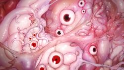 Rule 34 | 1other, commentary request, eldritch abomination, extra eyes, flesh, highres, horror (theme), looking at viewer, monster, original, pink theme, red eyes, shokushi yuu, tentacles