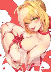 Rule 34 | 1girl, ahoge, barefoot, blonde hair, blush, braid, breasts, christmas, fate/extra, fate (series), feet, french braid, green eyes, hair between eyes, hair bun, hair intakes, heart, heart-shaped pupils, highres, large breasts, long hair, looking at viewer, naked ribbon, nero claudius (fate), nero claudius (fate) (all), nero claudius (fate/extra), open mouth, red ribbon, ribbon, single hair bun, smile, soles, symbol-shaped pupils, tongue, tongue out, wei yu