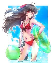 Rule 34 | &gt;:), 1girl, ahoge, armpits, ball, bangle, bare arms, bare legs, bare shoulders, beach, beachball, bikini, black hair, blue sky, blurry, bokeh, bracelet, breasts, cleavage, contrapposto, day, depth of field, front-tie bikini top, front-tie top, hair ornament, hair ribbon, hand on leg, hand on own hip, hand on own leg, hand on own thigh, happy, iesupa, innertube, jewelry, long hair, looking at viewer, mature female, navel, necklace, outdoors, panties, raven branwen, red bikini, red eyes, ribbon, rwby, scar, sky, small breasts, smile, solo, standing, stomach, swim ring, swimsuit, underwear, v-shaped eyebrows, very long hair, wading, water