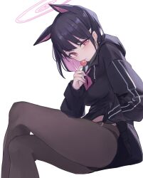 Rule 34 | 1girl, absurdres, animal ears, black hair, black hoodie, black pantyhose, blue archive, breasts, candy, clothes lift, colored inner animal ears, colored inner hair, commentary, crossed legs, extra ears, feet out of frame, food, from side, green sailor collar, hair ornament, hairclip, halo, head tilt, highres, holding, holding candy, holding food, holding lollipop, hood, hood down, hoodie, hoodie lift, invisible chair, jun daniell, kazusa (blue archive), lifting own clothes, lollipop, long sleeves, looking at viewer, medium breasts, multicolored hair, panties, panties under pantyhose, pantyhose, pink hair, pink halo, red eyes, sailor collar, simple background, sitting, solo, thighs, tongue, tongue out, underwear, white background