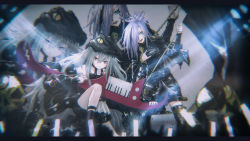 Rule 34 | 2girls, absurdres, alternate costume, belt, black jacket, black jumpsuit, black shorts, blush, boots, breasts, chromatic aberration, closed mouth, collarbone, commentary, eyebrow piercing, facepaint, g11 (girls&#039; frontline), girls&#039; frontline, grey hair, hair between eyes, hair over one eye, hat, highres, holding, holding instrument, holding microphone, holding microphone stand, instrument, jacket, jumpsuit, keytar, large breasts, letterboxed, long hair, looking at viewer, medium breasts, mg5 (girls&#039; frontline), mg5 (knight of calamity) (girls&#039; frontline), microphone, microphone stand, multiple girls, music, nail polish, off shoulder, official alternate costume, open mouth, piercing, ponytail, punk, red eyes, red nails, rocker-chic, screen, shirt, short jumpsuit, short shorts, shorts, sidelocks, singing, skull, sleeveless, sleeveless shirt, standing, studded belt, teeth, thigh boots, thigh strap, thighhighs, tongue, tongue out, torn clothes, torn shirt, upper teeth only, very long hair, yui (92935941)