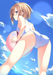 Rule 34 | 10s, 1girl, ass, ass focus, back, ball, beachball, bent over, blanc (neptunia), blue eyes, blush, breasts, brown hair, casual one-piece swimsuit, cloud, day, embarrassed, from behind, from below, gradient background, holding, kinta (distortion), kneepits, lens flare, looking at viewer, looking back, neptune (series), ocean, one-piece swimsuit, outdoors, profile, short hair, sky, small breasts, solo, swimsuit, water, white one-piece swimsuit