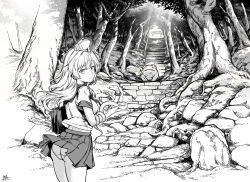 Rule 34 | 1girl, animal, bag, breasts, day, forest, frog on head, from behind, greyscale, hair tubes, highres, holding, holding animal, kochiya sanae, long hair, looking at viewer, looking back, monochrome, moriya suwako, moriya suwako (frog), mountain of faith, nature, outdoors, panties, plant, qingwa chi she, rock, school bag, school uniform, short sleeves, skirt, snake, snake wrapped around arm, stairs, stone stairs, sunlight, torii, touhou, tree, underwear, wind, wind lift, yasaka kanako, yasaka kanako (snake)