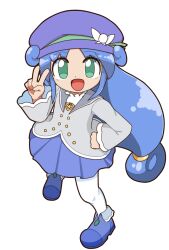 Rule 34 | 1girl, :d, blue footwear, blue hair, coat, cocia (kosianko), commentary request, flat chest, fushigiboshi no futago hime, green eyes, hat, long hair, long sleeves, low-tied long hair, magical girl, open mouth, pantyhose, rein (futagohime), skirt, smile, top hat, v, white background, white pantyhose, wide sleeves