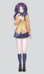 Rule 34 | 1girl, absurdres, black socks, blue skirt, clannad, full body, grey background, hair bobbles, hair ornament, highres, hikarizaka private high school uniform, ichinose kotomi, jacket, long hair, looking to the side, ooni, pleated skirt, purple eyes, purple hair, sailor collar, school uniform, scissors, serafuku, simple background, skirt, socks, solo, standing, two side up, white sailor collar, yellow jacket