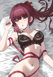 absurdres bdsm beasts bondage bound collarbone girls&#039;_frontline highres lingerie lying nail_polish navel pillow purple_hair purple_nails red_eyes red_ribbon ribbon talo_(63078778) underwear upper_body wa2000_(girls&#039;_frontline)