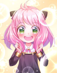 Rule 34 | 1girl, anya (spy x family), arms up, between legs, black dress, black horns, blush, child, dress, fumina, green eyes, hair ornament, hairclip, happy, highres, horns, light, long sleeves, looking at viewer, open mouth, pink hair, school uniform, simple background, smile, solo, spy x family, teeth