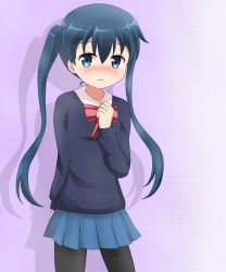 Rule 34 | 1girl, black pantyhose, blue eyes, blue hair, blue skirt, blue sweater, blush, bow, bowtie, closed mouth, collared shirt, commentary request, cowboy shot, flat chest, gradient background, hair between eyes, hand on own chest, highres, kin-iro mosaic, komichi aya, koyuki (azumaya999), long hair, long sleeves, looking at viewer, pantyhose, pink bow, pink bowtie, pleated skirt, school uniform, shadow, shirt, skirt, solo, standing, striped bow, striped bowtie, striped clothes, striped neckwear, sweater, twintails, two-tone background, wavy mouth, white shirt, wing collar
