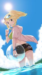 Rule 34 | 1girl, absurdres, ass, beach, bikini, blonde hair, bracelet, character name, cloud, day, eating, closed eyes, eyewear on head, food, green-framed eyewear, green bikini, green eyes, gulim, hair up, highres, hood, hoodie, hoshii miki, idolmaster, idolmaster (classic), jewelry, open clothes, open shirt, outdoors, ponytail, popsicle, shirt, short hair, short ponytail, short sleeves, shorts, sky, solo, sunglasses, swimsuit, wading, water