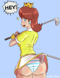 Rule 34 | 1girl, annoyed, ass, blue eyes, blush, breasts, brown hair, comic, crown, earrings, flower earrings, from behind, gloves, golf club, heart, highres, jewelry, looking back, mario (series), mario golf, mario golf: super rush, nintendo, panties, pervert, princess daisy, shiny skin, skirt, solo, spoken heart, standing, striped clothes, striped panties, sweat, tomboy, underwear, upskirt