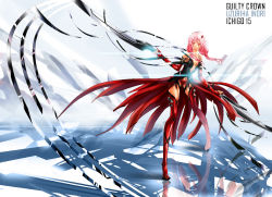 Rule 34 | 10s, 1girl, alternate costume, bad aspect ratio, bare shoulders, breasts, center opening, cleavage, detached sleeves, dual wielding, elbow gloves, fingerless gloves, gloves, guilty crown, hair ornament, hairclip, holding, long hair, looking at viewer, navel, pink hair, red eyes, small breasts, solo, thighhighs, time (fiftean), twintails, void (guilty crown), yuzuriha inori