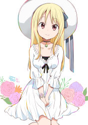Rule 34 | 1girl, :3, artist name, blonde hair, blue ribbon, brown eyes, cat, closed mouth, dated, floral background, hair ribbon, hat, knees together feet apart, long hair, looking at viewer, manda rin, ragho no erika, ribbon, simple background, sitting, smile, solo, striped ribbon, sukurizo!, sun hat, white background, white hat