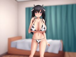 Rule 34 | 1girl, animal ears, animal print, bed, bikini, bikini bottom only, black hair, blue eyes, blurry, blurry background, blush, breasts, cow ears, cow horns, cow print, embarrassed, fake animal ears, female focus, groin, hair between eyes, hand up, highres, horns, huge breasts, indoors, legs, looking at viewer, navel, nose blush, original, parted lips, print bikini, solo, standing, swimsuit, tapisuke, thighs, twintails